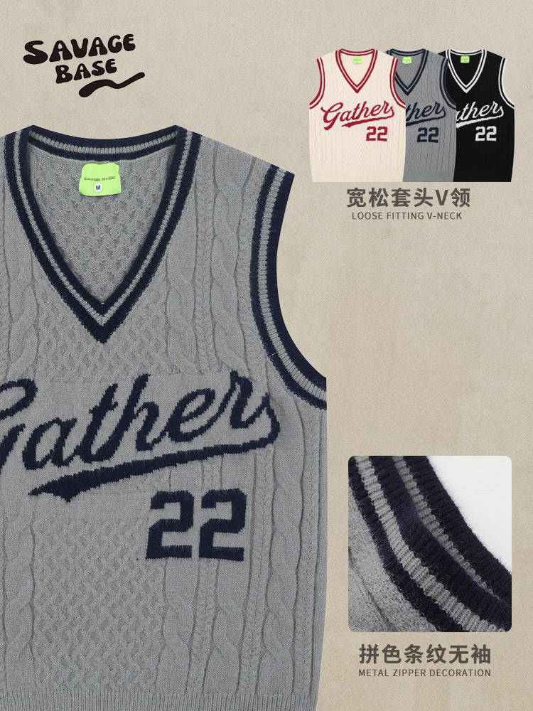 American Retro Sports Knitted Sleeveless Sweater Vest
