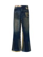 FUNKYFUN Washing Water Ripped Splicing Plaid Retro Jeans