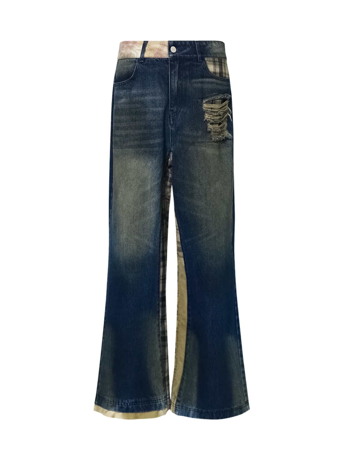 FUNKYFUN Washing Water Ripped Splicing Plaid Retro Jeans