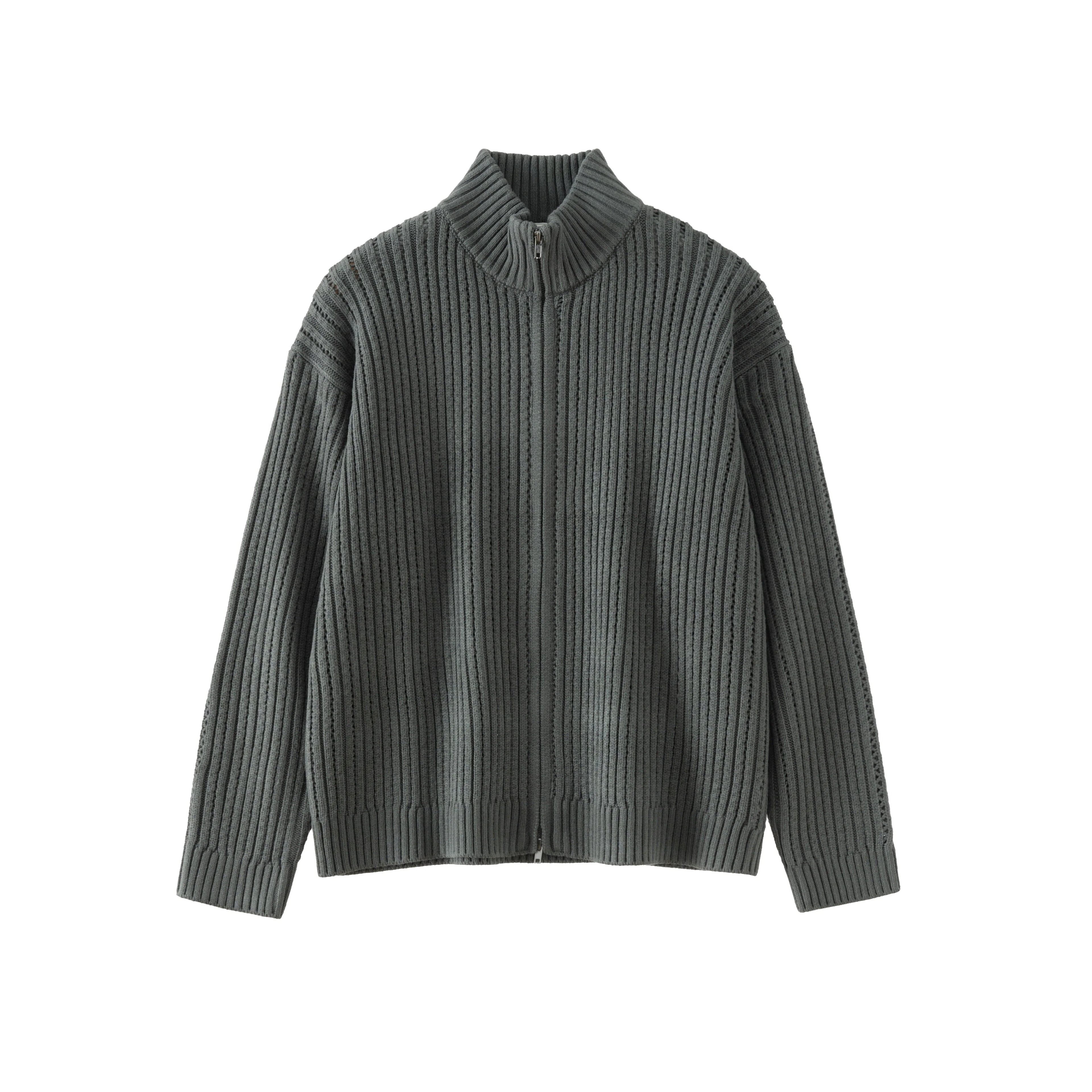 BUTTBILL 24AW hollow stand-up neck cardigan zipper sweater jacket