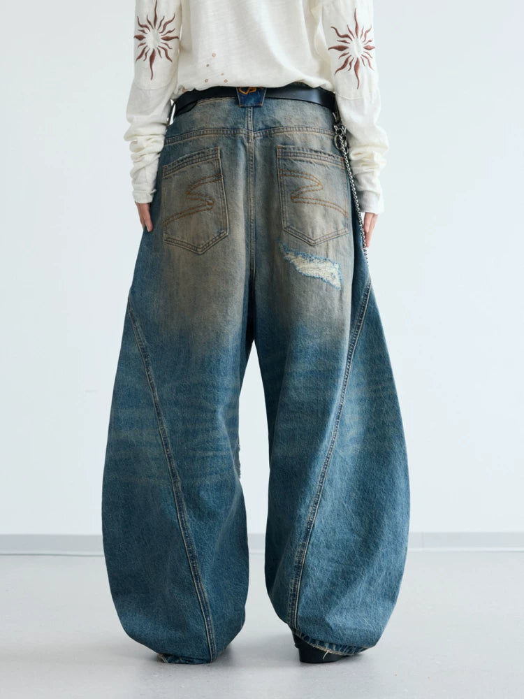 PEOPLESENSE Deconstructed Pleated Yellow Mud Dyed Ripped Scimitar Pants