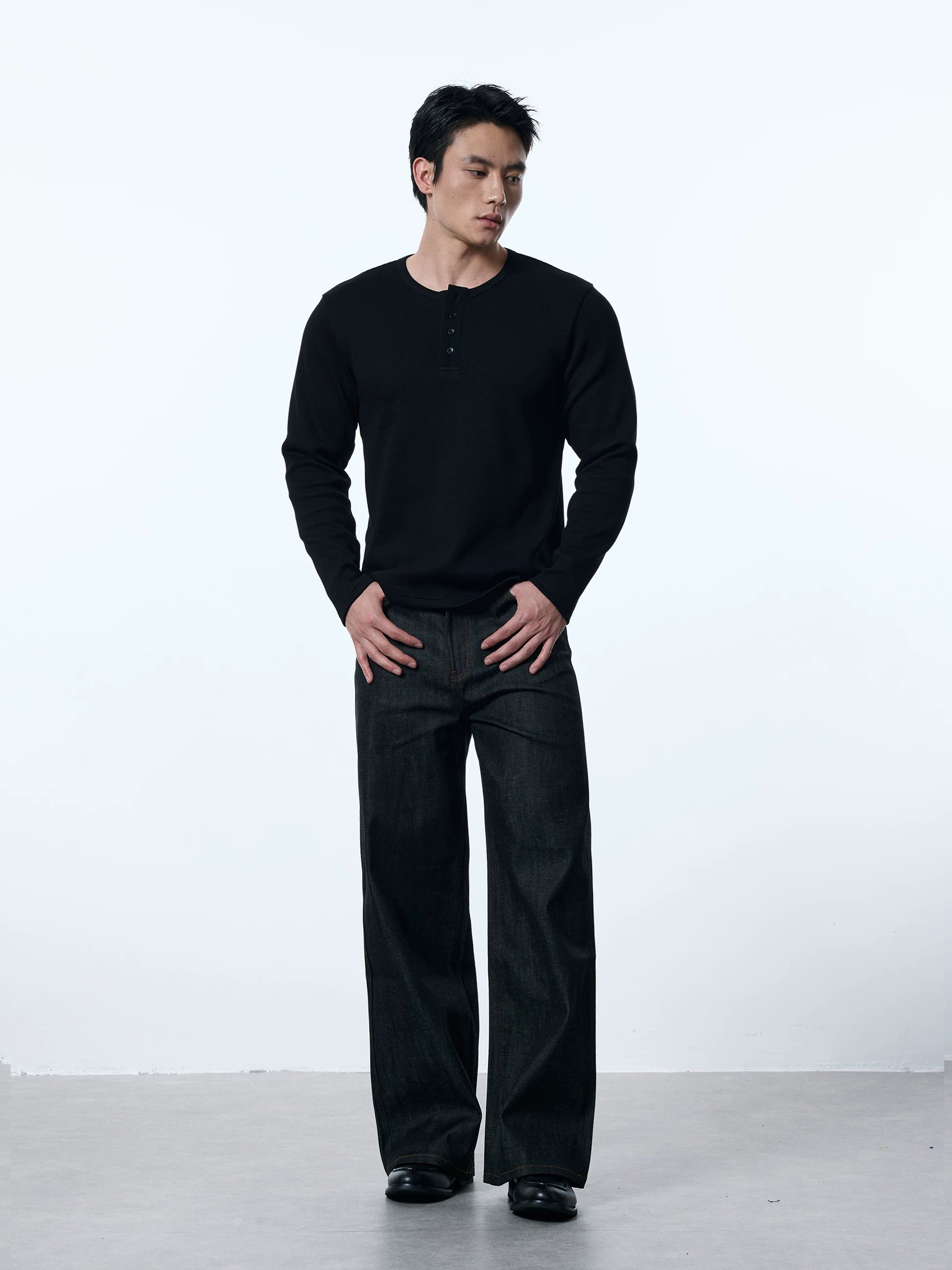 ONEFIT MAX Pure Cotton Henry Collar Waffle Long Sleeve Top