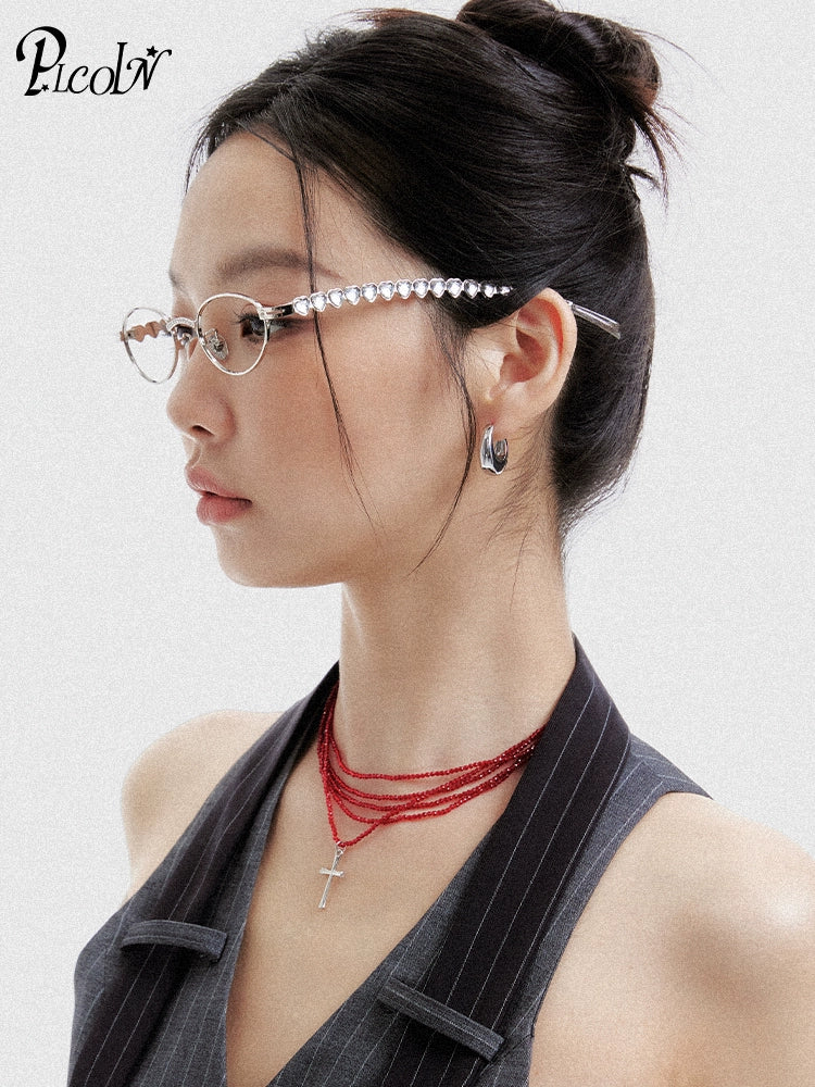 PLCOIN Silver GM Oval Metal Love Glasses Anti-Blue Light Myopia