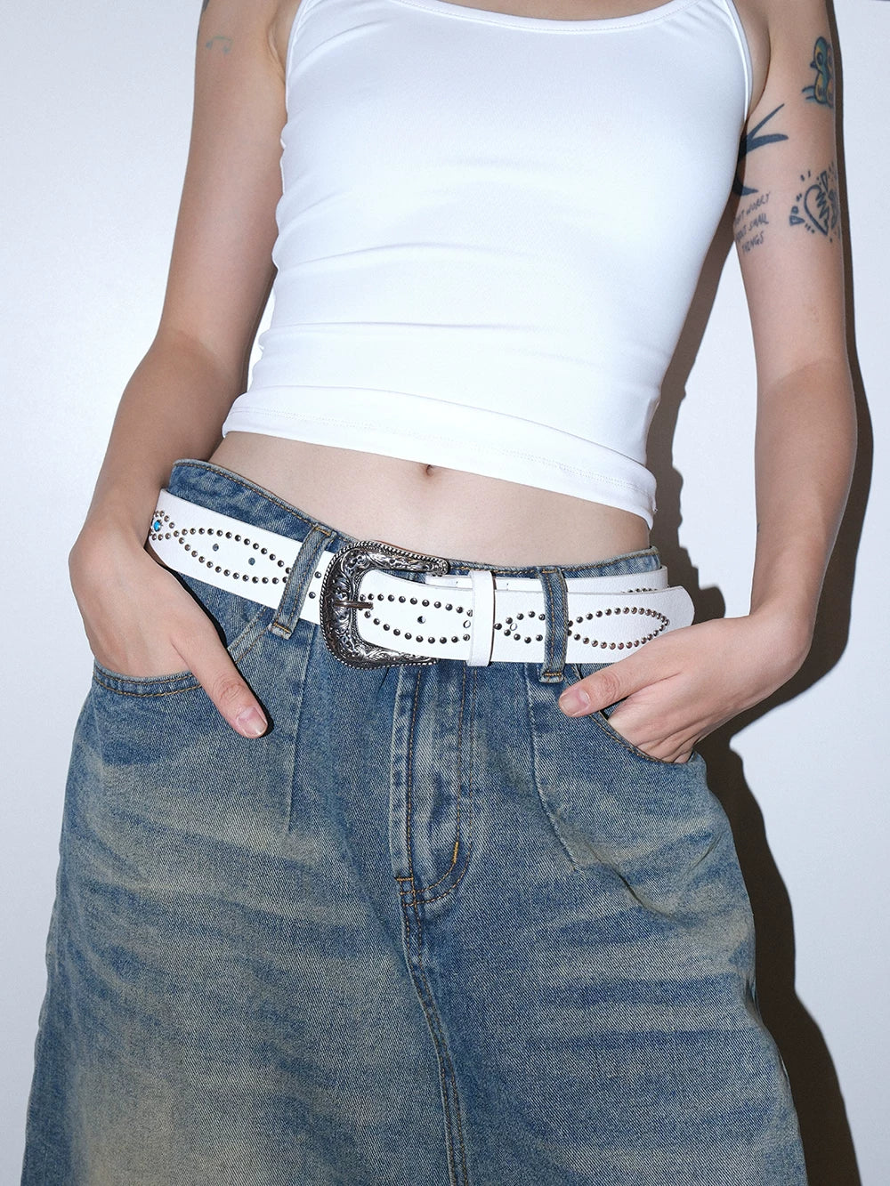 Darkblue Store Retro White Rivet Gem Inlaid Belt