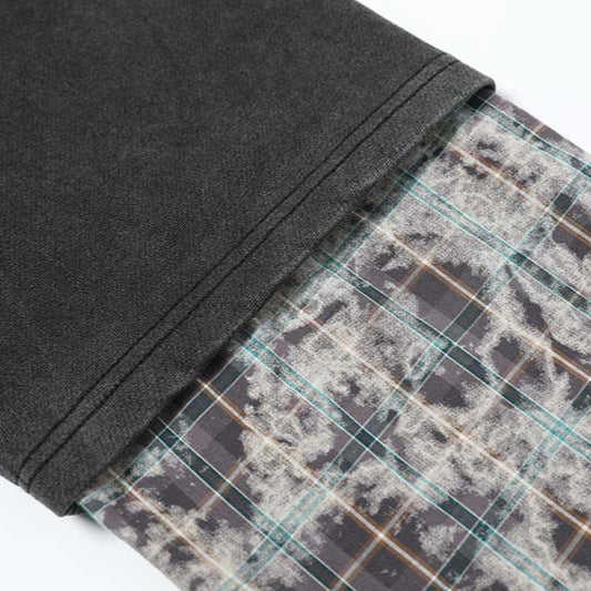 High Street Racing Letter Print Plaid Splice Fake Two-Piece Long-Sleeve Tee