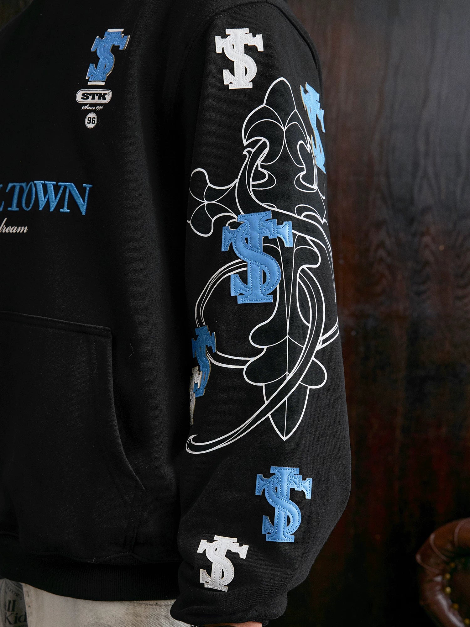 STK SmallTownKid Cross Patch Leather Hooded Sweatshirt