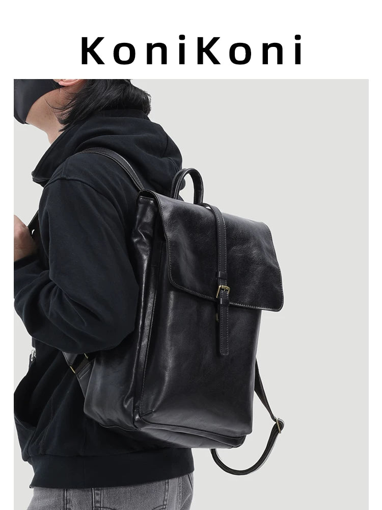 KoniKoni Cowhide Black Commuter Backpack