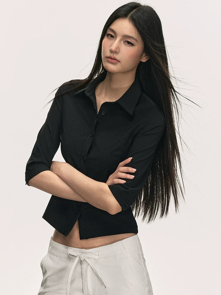 Anna Aneae Stretch Temperament Shoulder Short Shirt