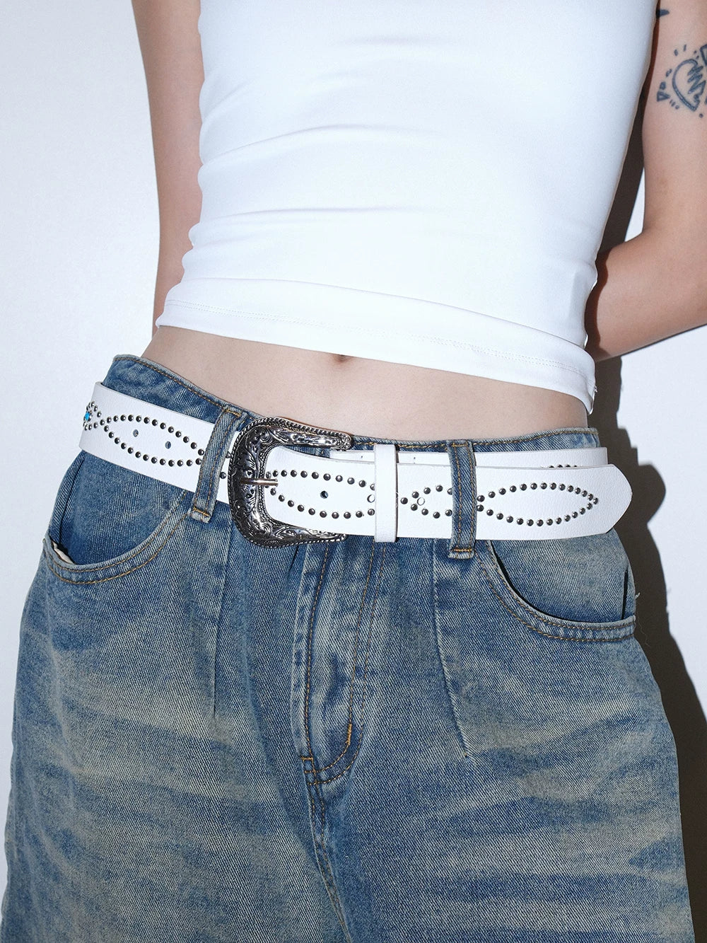 Darkblue Store Retro White Rivet Gem Inlaid Belt
