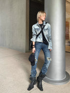 noEmosen KNIGHT Spray Tiger Pattern Denim Jacket