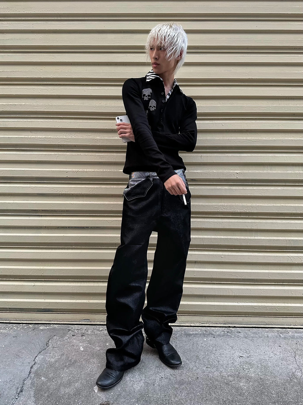 noEmosen RUDEBART Skull Silver Thread Puree Straight Jeans