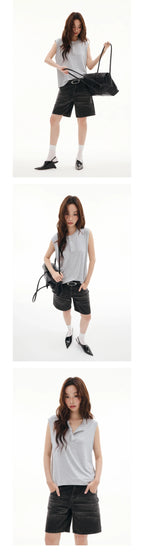 FUNKYFUN Versatile Henry Neck Loose Sleeveless Vest