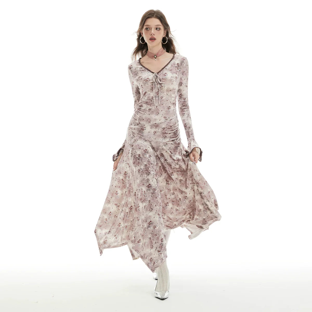 Imone Floral Waist Irregular Flared Sleeve Dress