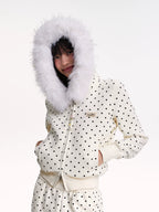 Mr. Jiangnan NewJNXS Polka Dot Detachable Fur Collar Cropped Cardigan Sweatshirt Set