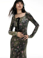 Imone Retro Chest Strap Waist Slim Square Neck Velvet Dress