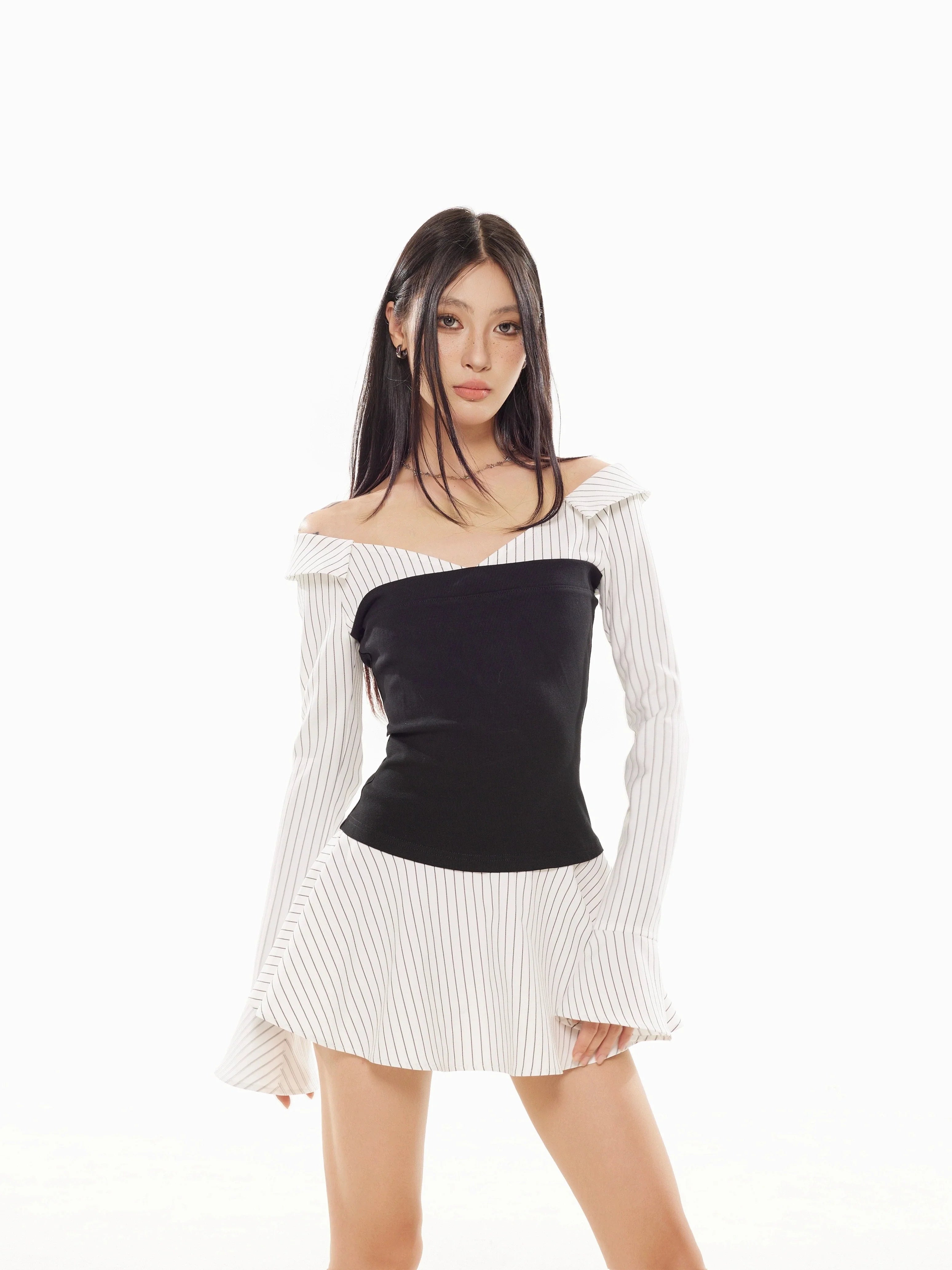 Zero Stripe Splicing V-Neck Slim Fit Dress