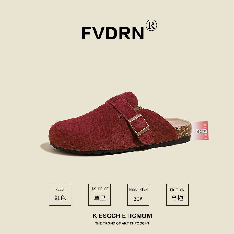 FVDRN Genuine Leather Cork Sole Clog Slippers