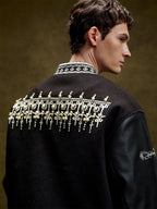 YADcrew Fair Isle Threaded Collar Nailed Pearl Baseball Jacket