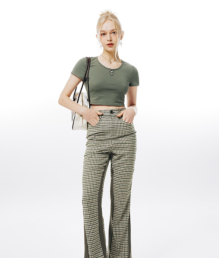 Imone Retro Slim Plaid Splicing High-waisted Flared Pants