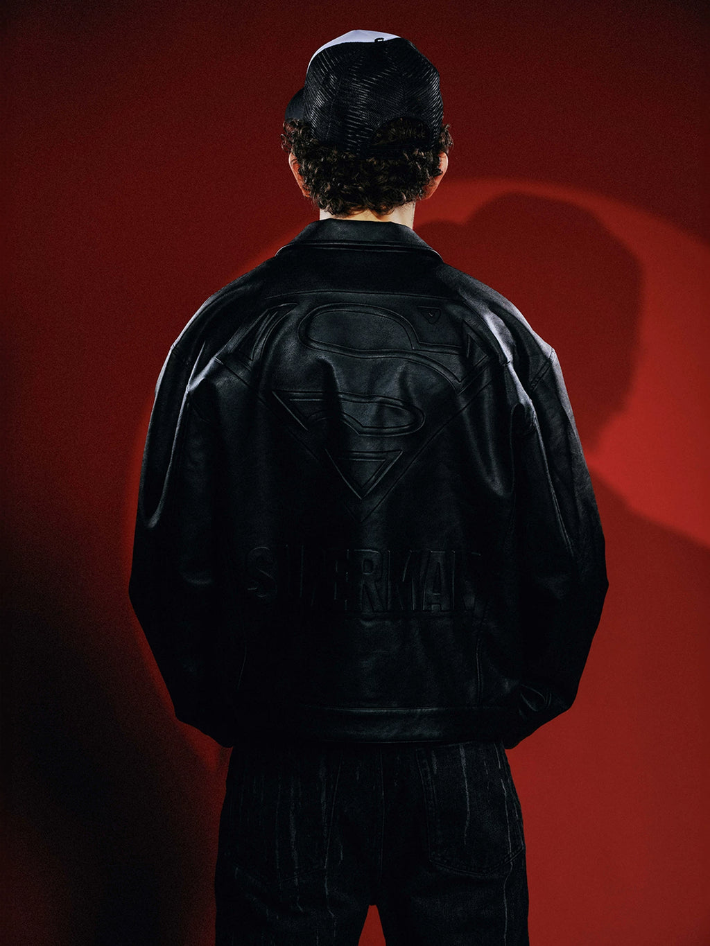 WHOOSIS Superman LOGO Embossed Leather Jacket