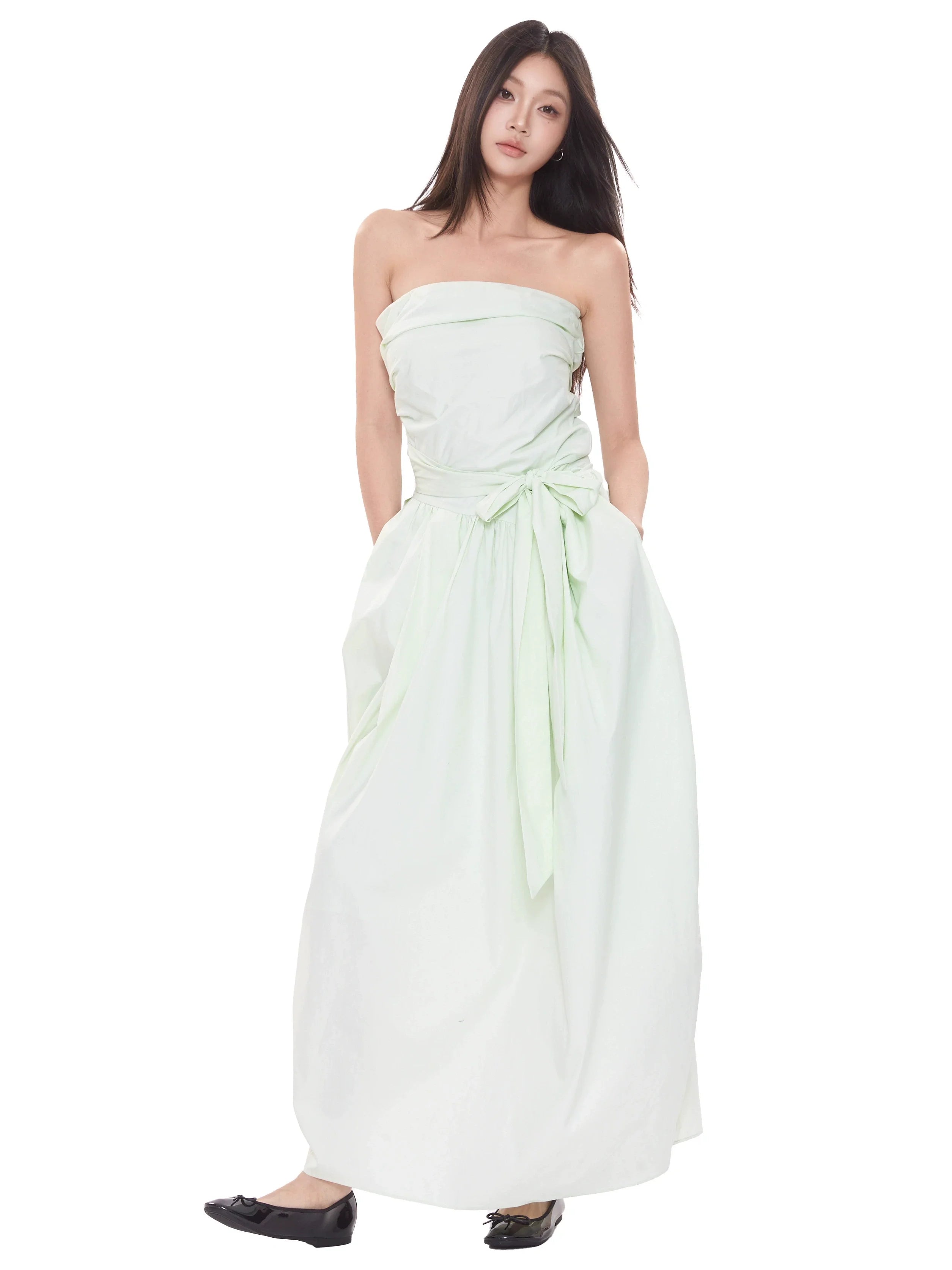 WITHMIN Temperament Thin Strap Waist Tube Top Dress