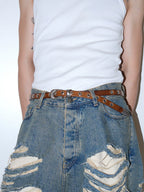 Darkblue Store Brown Distressed Leather Flower Buckle Belt