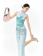 YEDM Blue Snake Print Neck Cheongsam Dress