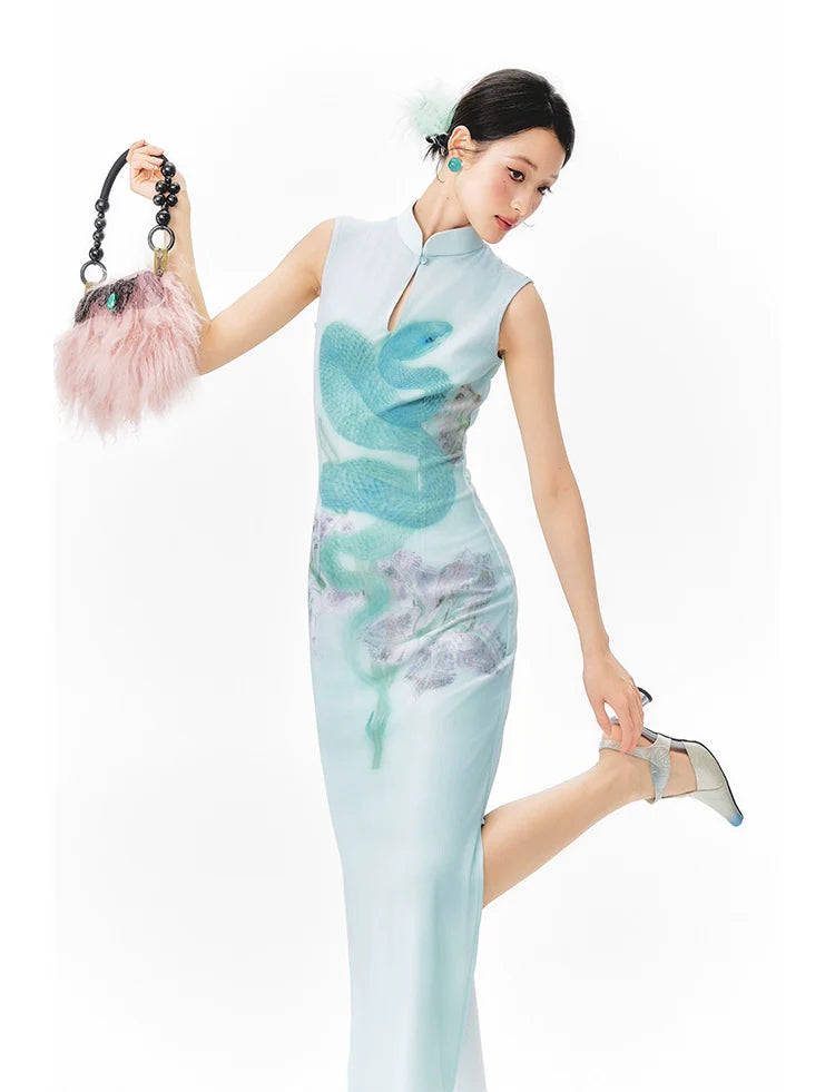 YEDM Blue Snake Print Neck Cheongsam Dress