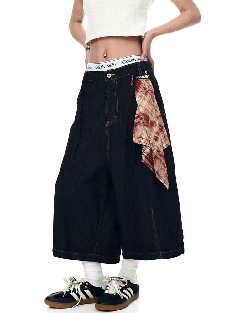 American Street Detachable Scarf Denim Cropped Shorts