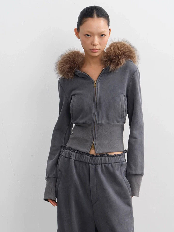 LINY LIBERTY Removable Fur Collar Short Sweater Casual Sweatpants Set