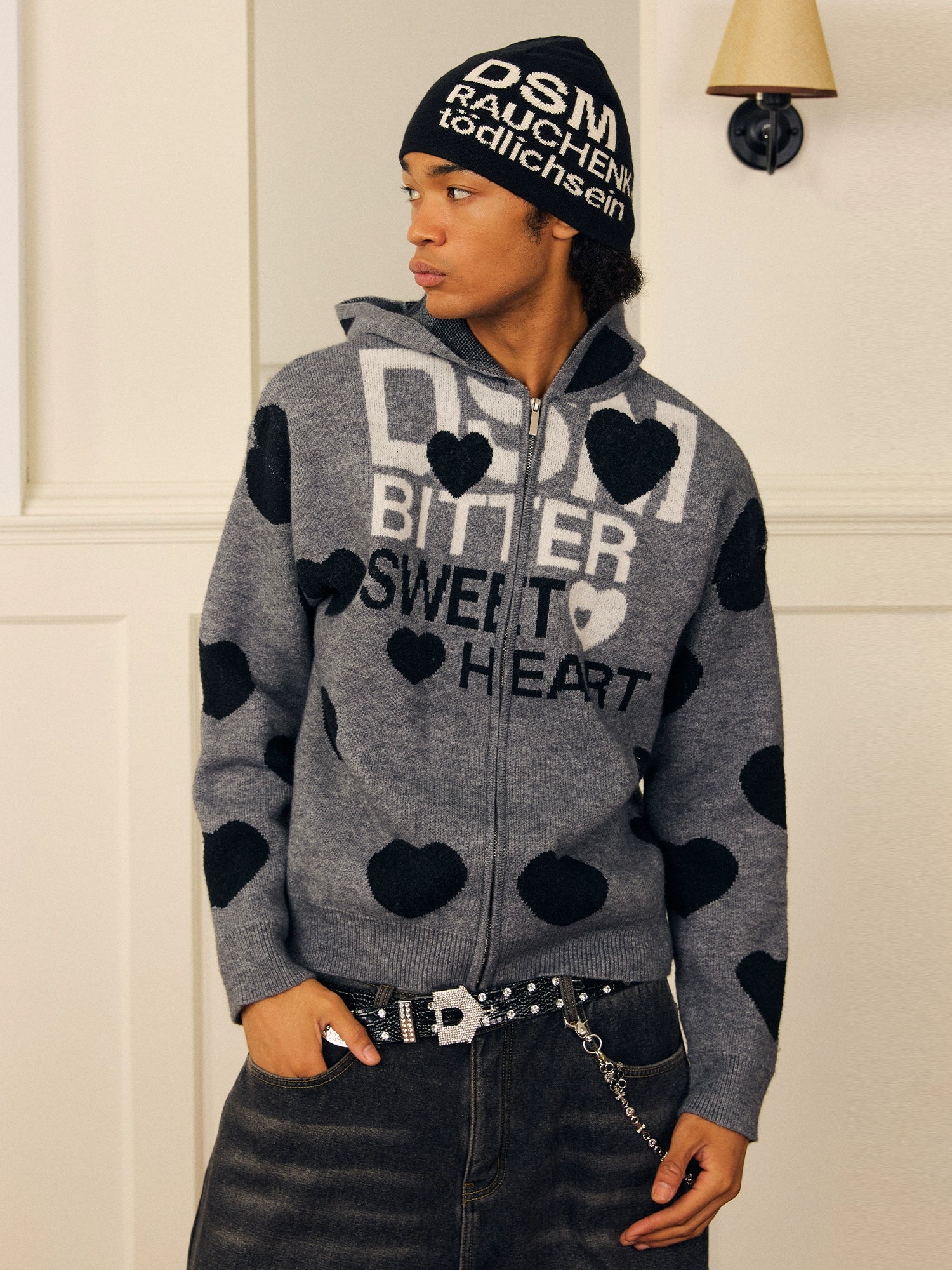 DONSMOKE Love Print Soft Waxy Lazy Contrasting Color Knitted Zipper Jacket