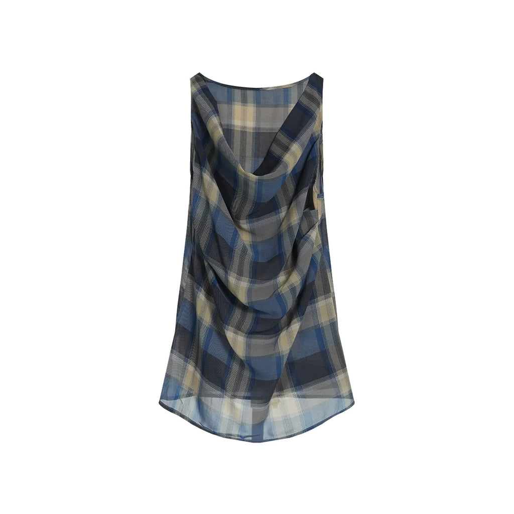 FUNKYFUN Vintage Plaid Pleated Sleeveless Vest