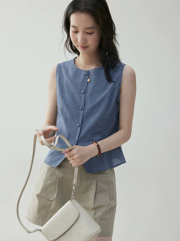 VOOE Contrast Checked Crew Neck Sleeveless Vest