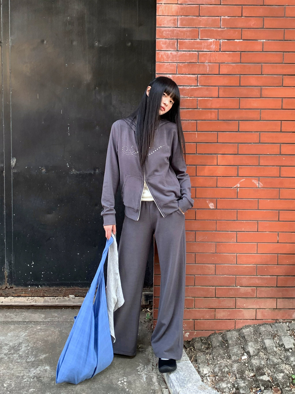 CCKOK Korean Perm Bead Graphic Hooded Sweatshirt Suit