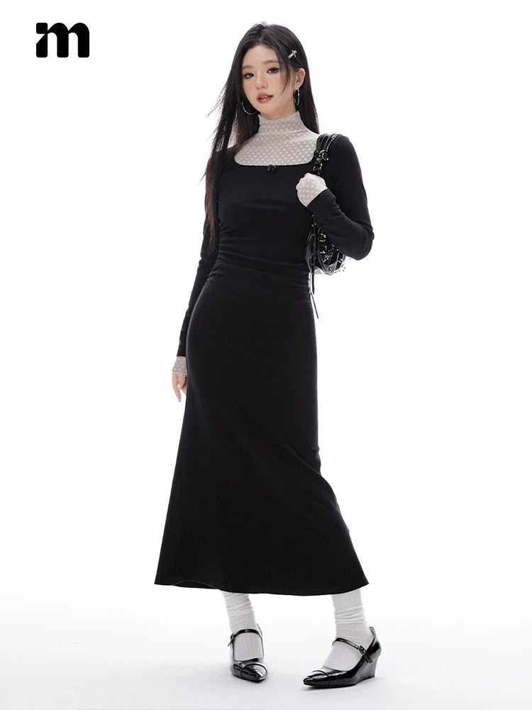 Imone Pleated Waist Mesh Stitching Semi-turtleneck Dress