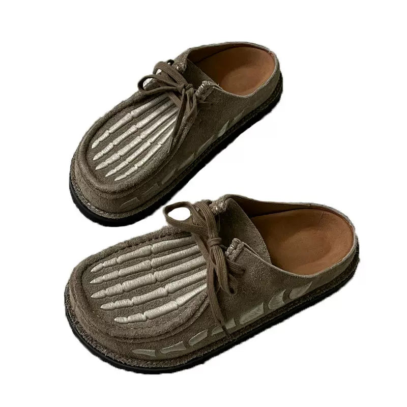 INTAO Cowhide Lace Up Birkenstock Half Slippers