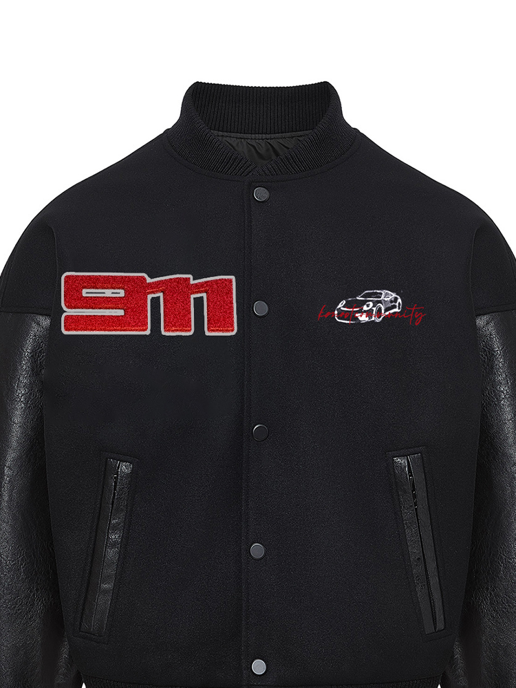 KONOOT Embroidered Leather Short and Wide Cut Silhouette Baseball Jersey