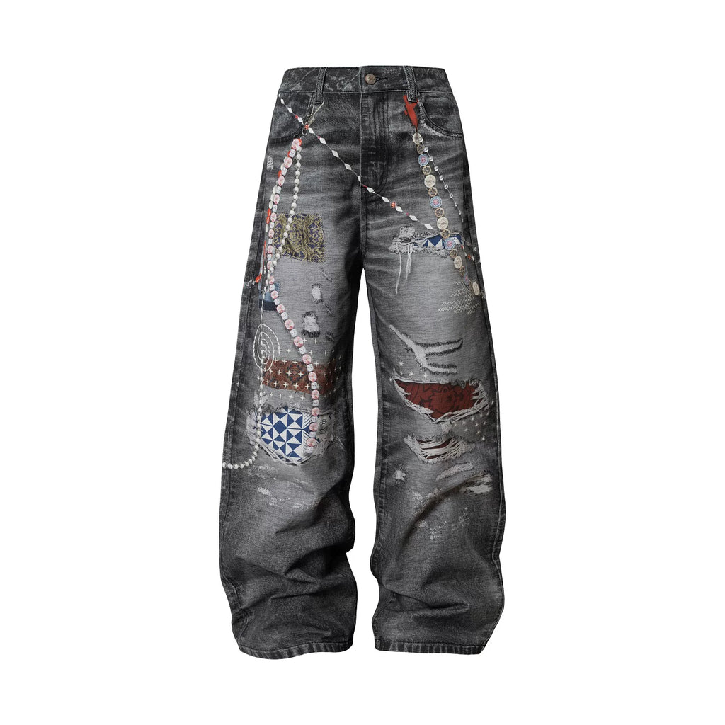 YADxMEDM Baijia Cloth Patch Destroyed Chain Print Jeans