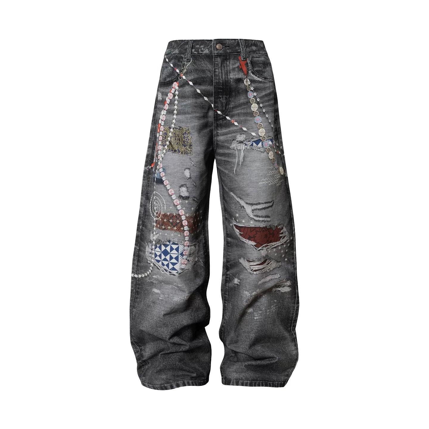 YADxMEDM Baijia Cloth Patch Destroyed Chain Print Jeans