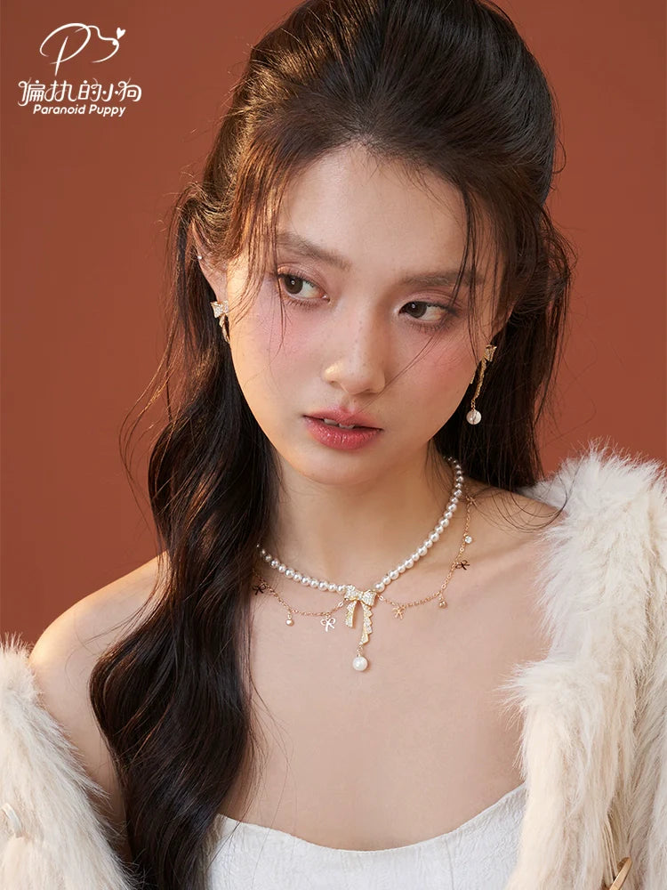 PP Bow Pearl Fringed Necklace