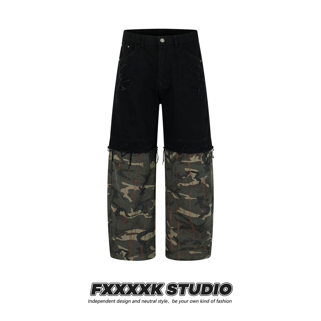 FXK Original Denim Splicing Camouflage Overalls