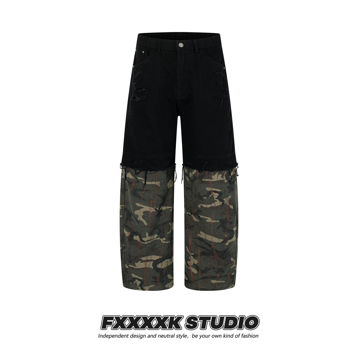 FXK Original Denim Splicing Camouflage Overalls