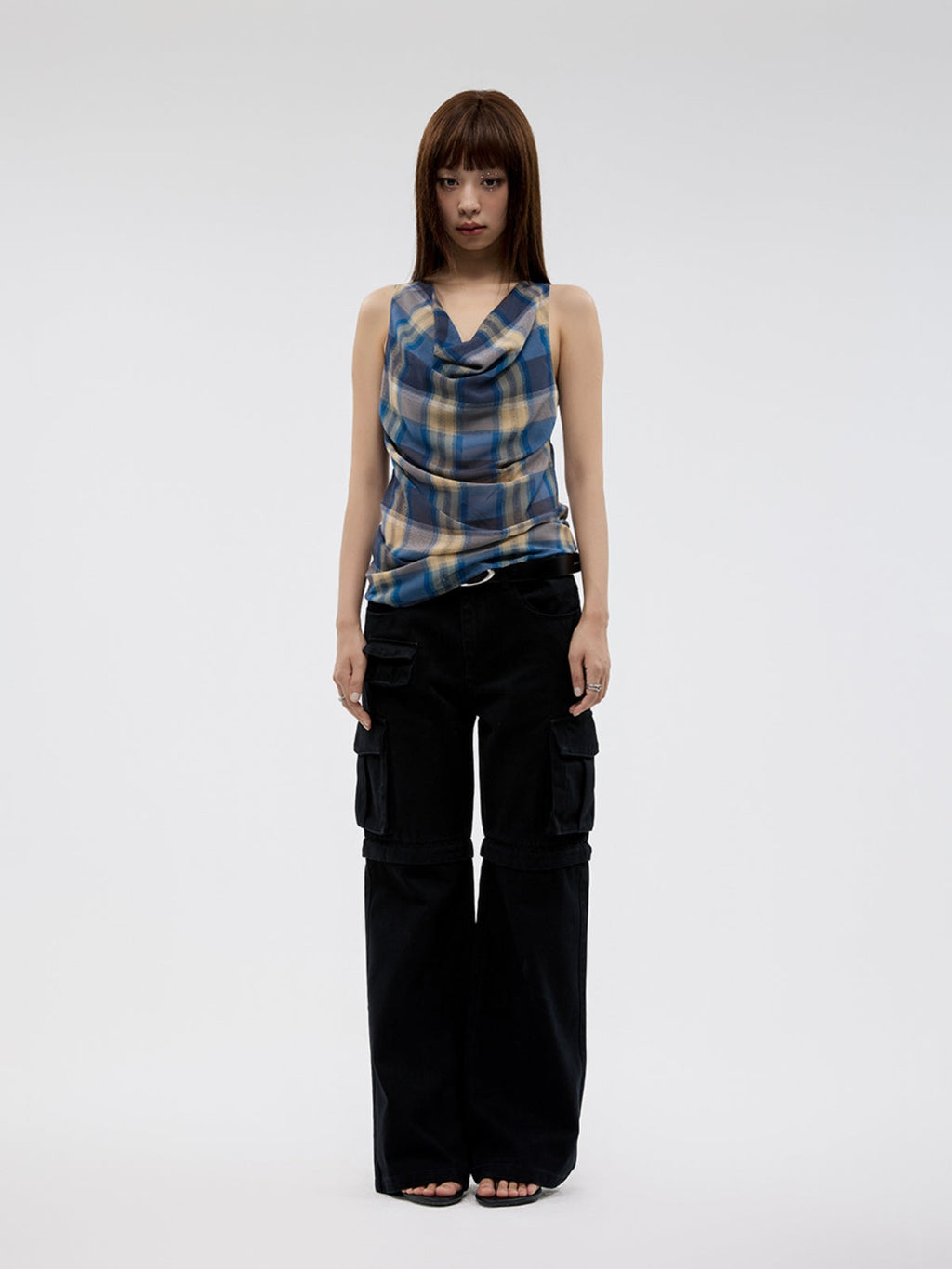 FUNKYFUN Vintage Plaid Pleated Sleeveless Vest