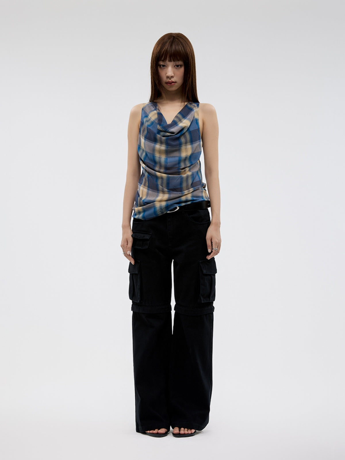 FUNKYFUN Vintage Plaid Pleated Sleeveless Vest