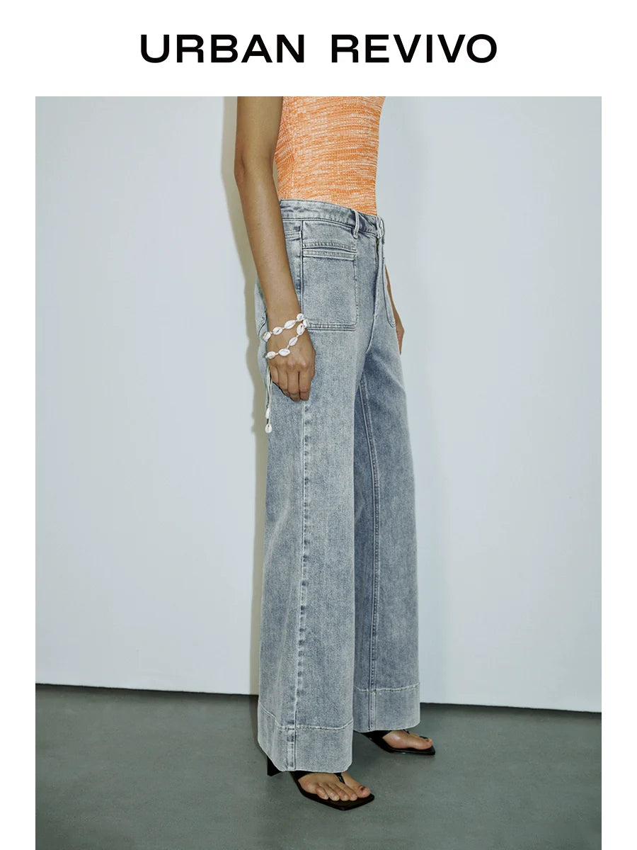 URBAN REVIVO Wave Hipster Retro Washed Bag Slightly Pulled Jeans