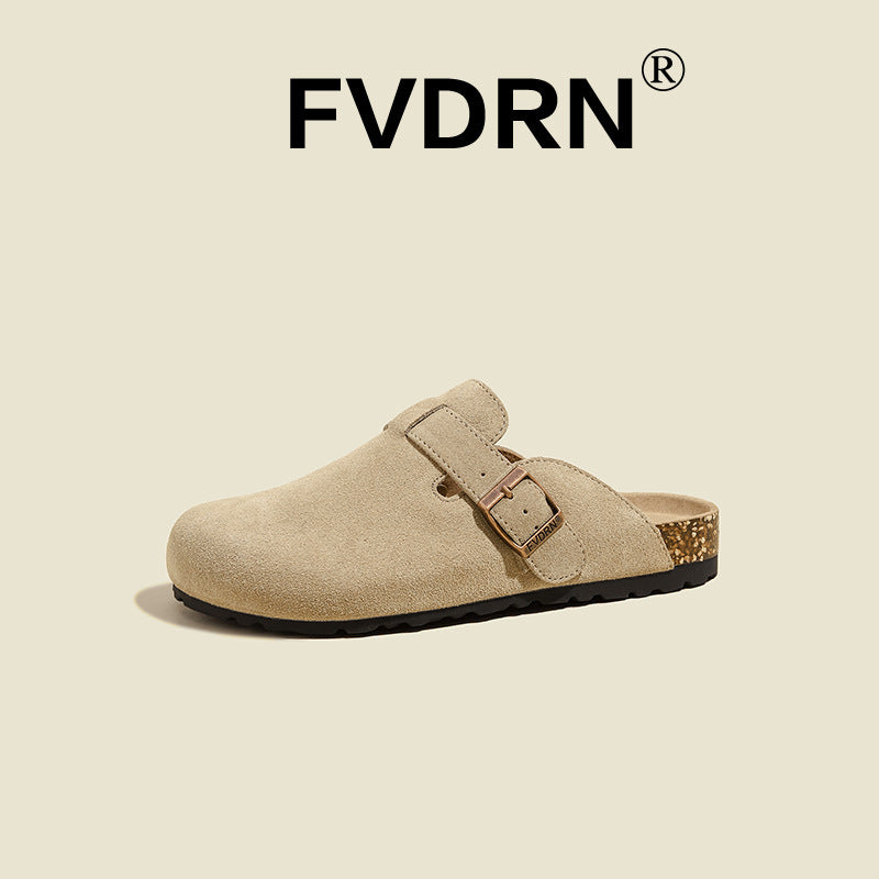FVDRN Genuine Leather Cork Sole Clog Slippers
