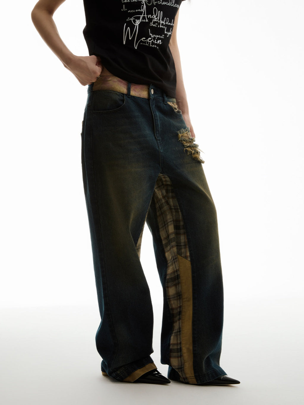 FUNKYFUN Washing Water Ripped Splicing Plaid Retro Jeans