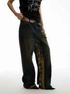 FUNKYFUN Washing Water Ripped Splicing Plaid Retro Jeans