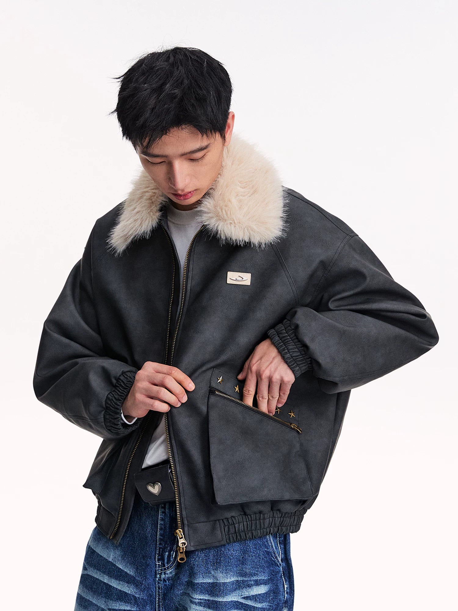 Mr. Jiangnan NewJNXS Retro PU Leather Jacket with Detachable Fur Collar