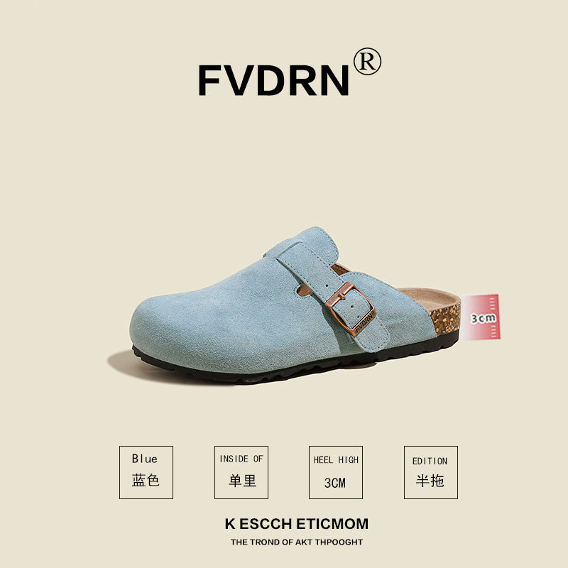 FVDRN Genuine Leather Cork Sole Clog Slippers